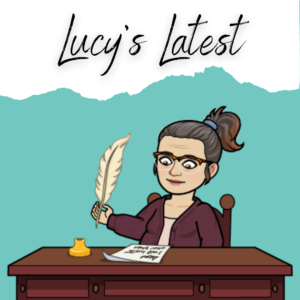 Cartoon image of Lucy Monroe at a writing desk with the words Lucy's Latest above her head