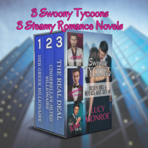 Image of skyscrapers with text: 3 Swoony Tycoons 3 Steamy Romances and box set book cover.